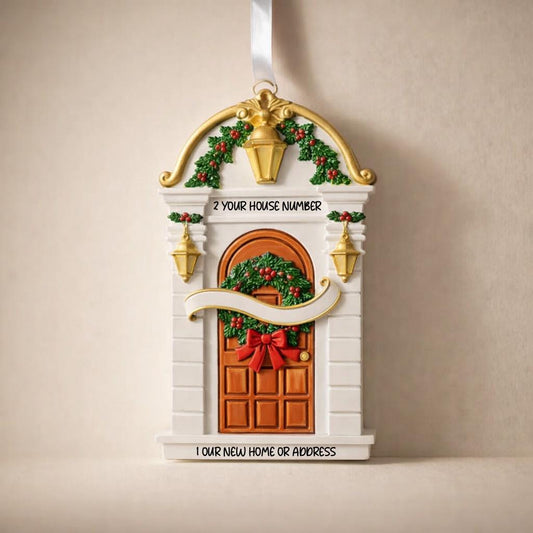 Decorative Christmas door decoration with gold accents and holly leaves on a beige background