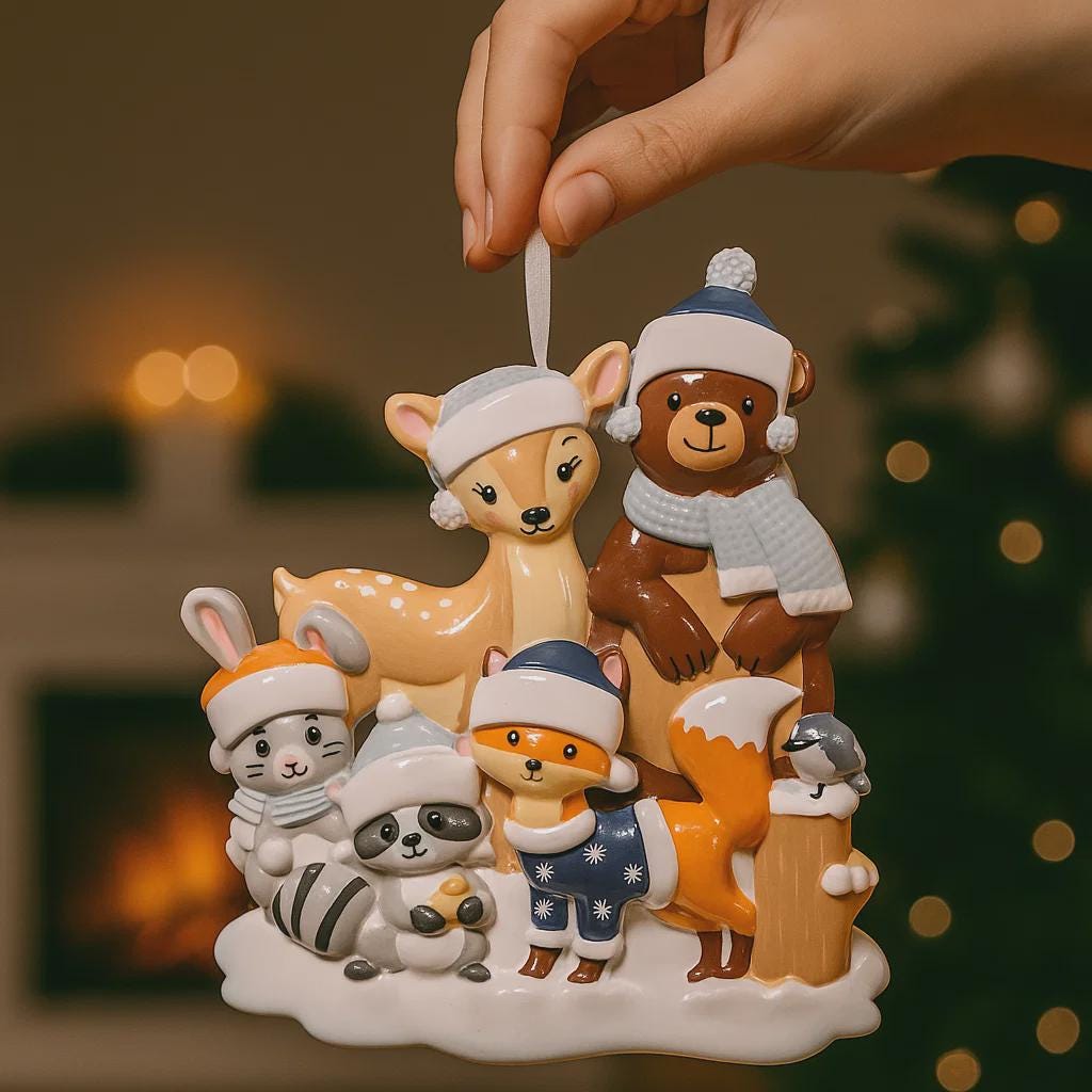 Personalized Family of 5 Woodland Animals Ornament | Holiday Keepsake