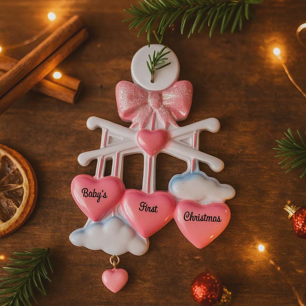 Personalized Baby Girl First Christmas Ornament featuring a dimensional 3D front design with pink glitter bow, heart charms, and hanging cloud detail. The baby’s name is added on the top circle and the year on the cloud, creating a meaningful keepsake. Soft pink tones, layered hearts reading Baby’s First Christmas, and festive holiday accents make it perfect for newborn girl gifts, baby shower presents, and treasured Christmas tree memories.