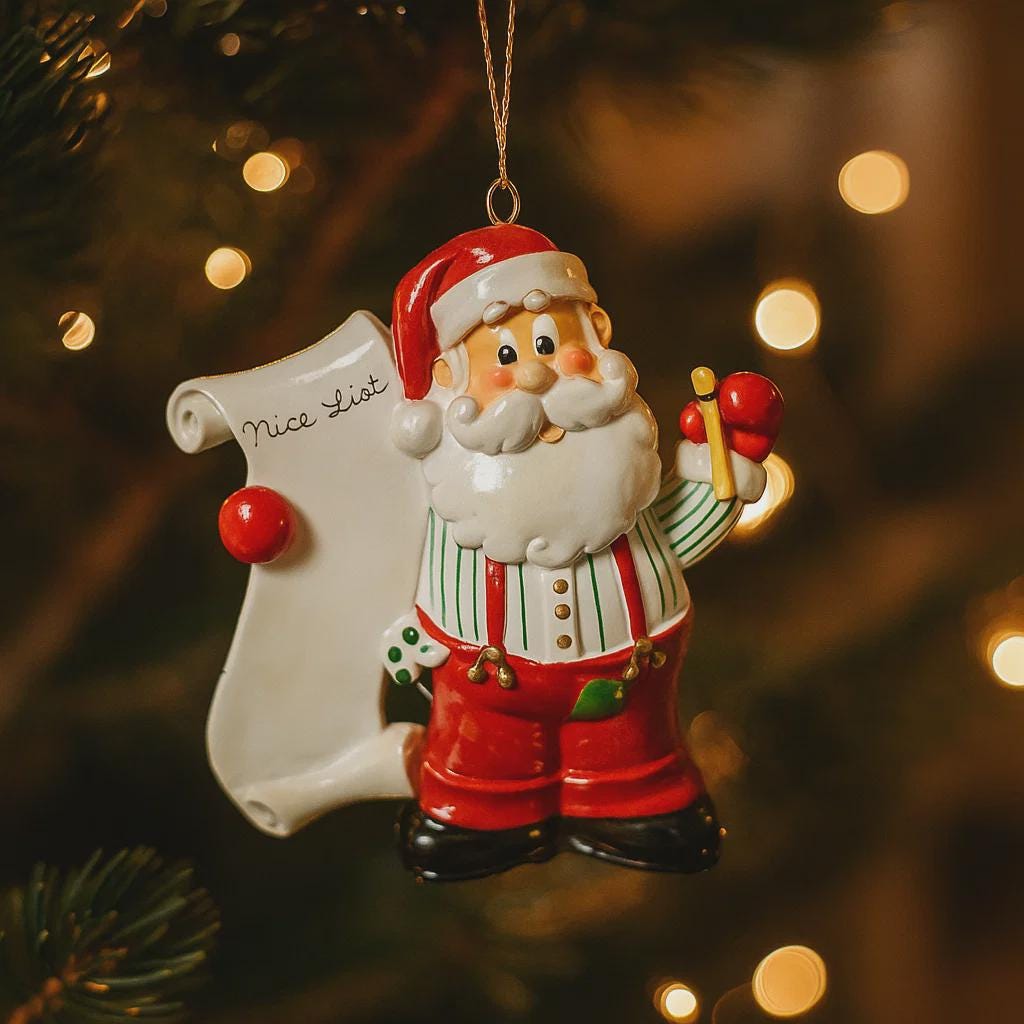 Santa Claus ornament holding a 'Nice List' sign with blurred Christmas lights in the background