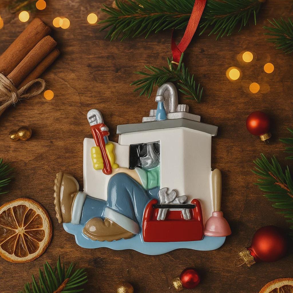 Decorative Christmas ornament of a person in an RV on a wooden surface with festive decorations.