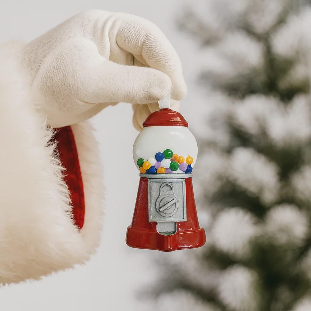 Red gumball machine ornament held by a gloved hand against a blurred natural background