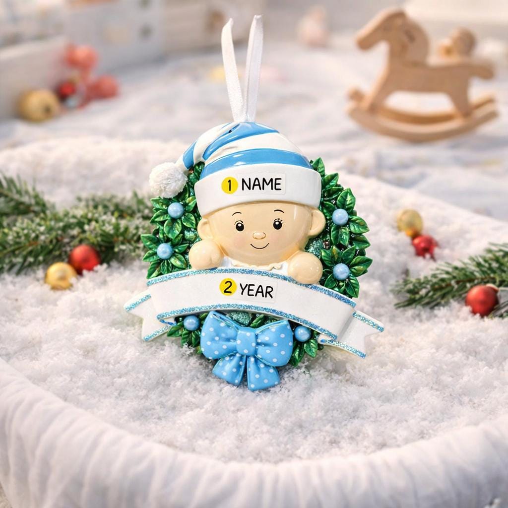 Personalized Baby Boy Christmas Ornament featuring a sweet child peeking from a festive green wreath with blue accents and polka dot bow. This ornament has a raised 3D front design with detailed holly leaves, textured elements, and dimensional lettering. The name is placed on the hat and the year on the banner. A meaningful keepsake for baby’s first Christmas, newborn gift, or holiday memory decoration for the Christmas tree.