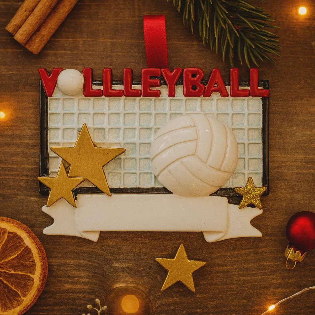 Volleyball-themed Christmas ornament on a wooden surface with decorations.