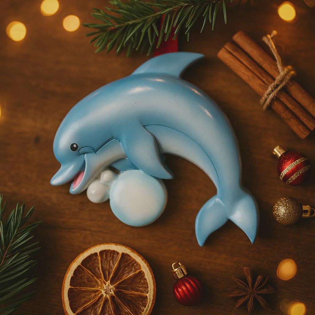 Personalized dolphin Christmas ornament with custom name and year, cute ocean themed holiday tree decoration