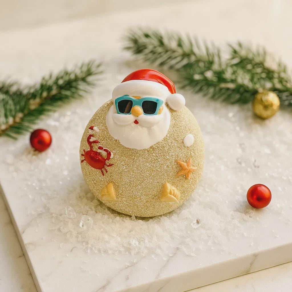 Decorative ornament resembling a penguin wearing sunglasses and a Santa hat, surrounded by Christmas decorations on a marble surface.