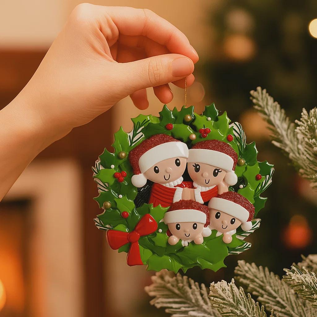 Personalized Family of 4 Christmas Wreath Ornament | Custom Name Xmas Gift