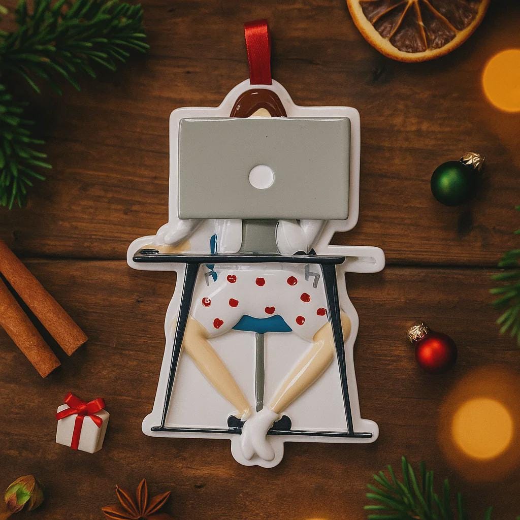 Decorative ornament of a person on a treadmill with a laptop, surrounded by Christmas decorations on a wooden surface.