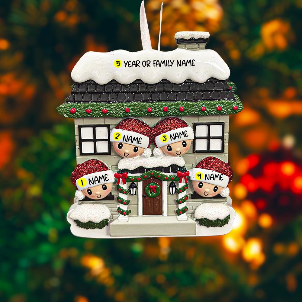 Personalized Christmas ornament of a house with four children, each wearing a different colored hat.