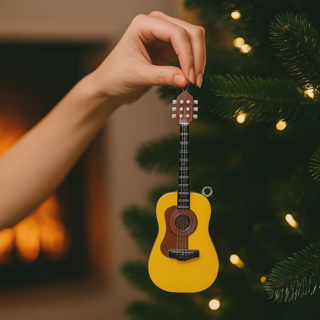 Personalized guitar ornament featuring a classic acoustic guitar design with detailed strings and wood texture. Custom name and year handwritten directly on the guitar body. High detail 3D resin ornament with white hanging ribbon. Perfect Christmas tree decoration for guitar players musicians music lovers and acoustic guitar fans. Warm musical theme ideal for holiday decor and meaningful personalized gifts.