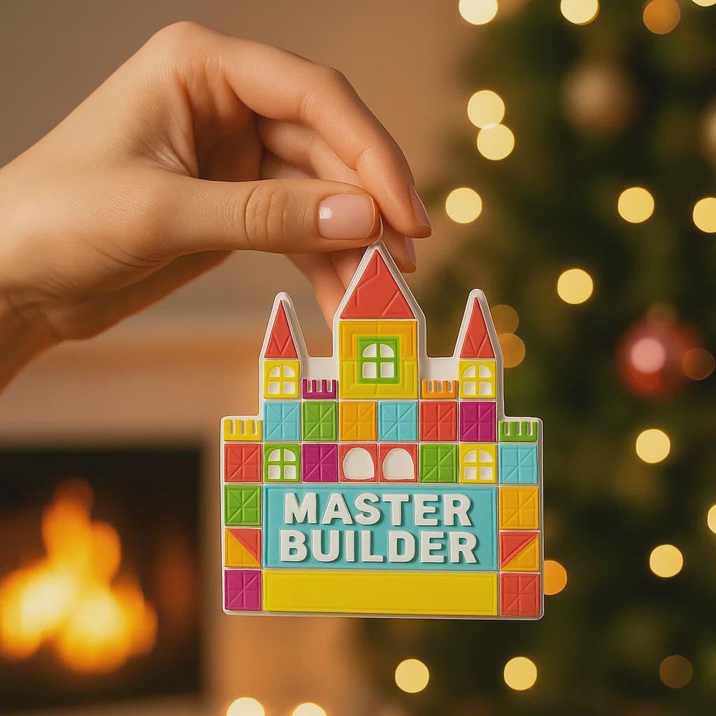 Colorful building block-style ornament with 'Master Builder' text held by a hand against a festive background.