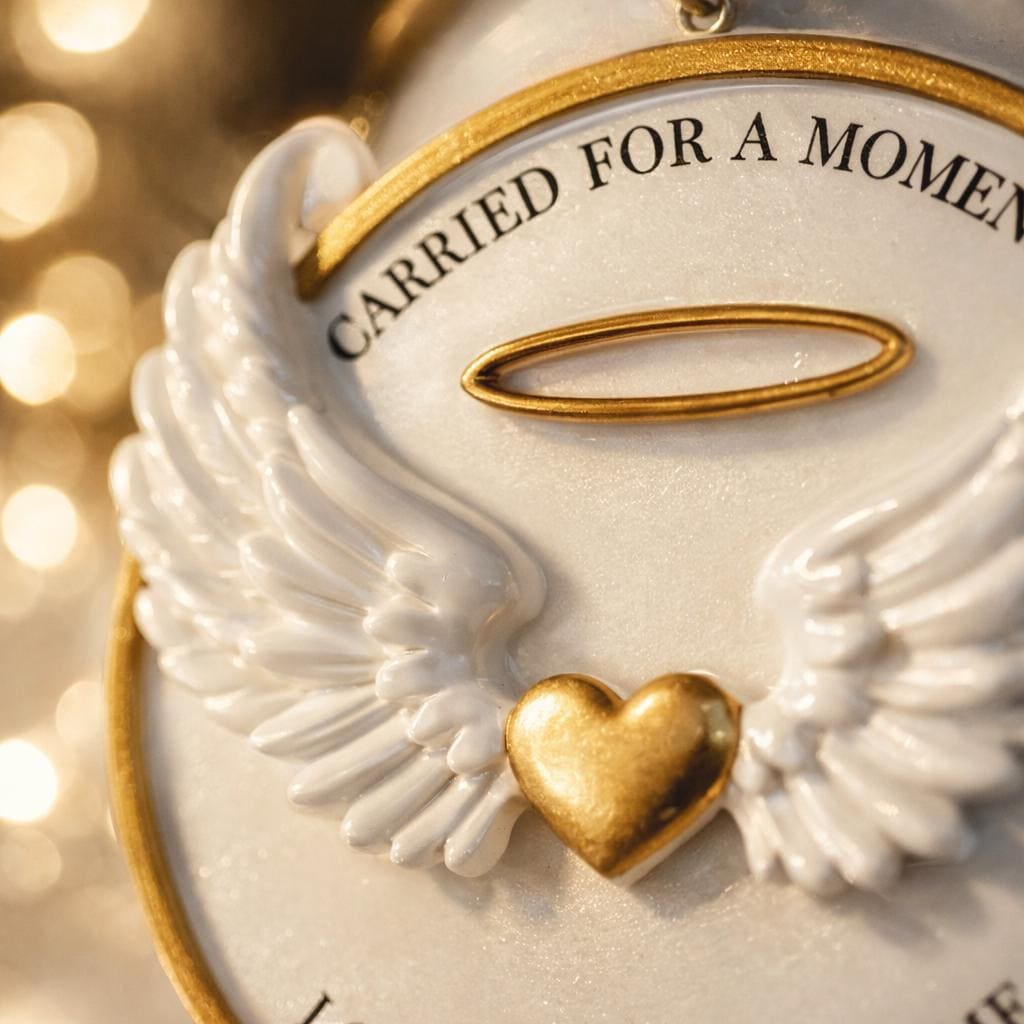 Decorative angel wing ornament with a gold heart and 'Carried for a Moment' text on a blurred background.