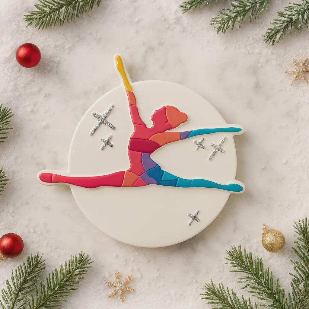 Colorful ceramic ornament of a dancer on a textured surface with Christmas decorations.