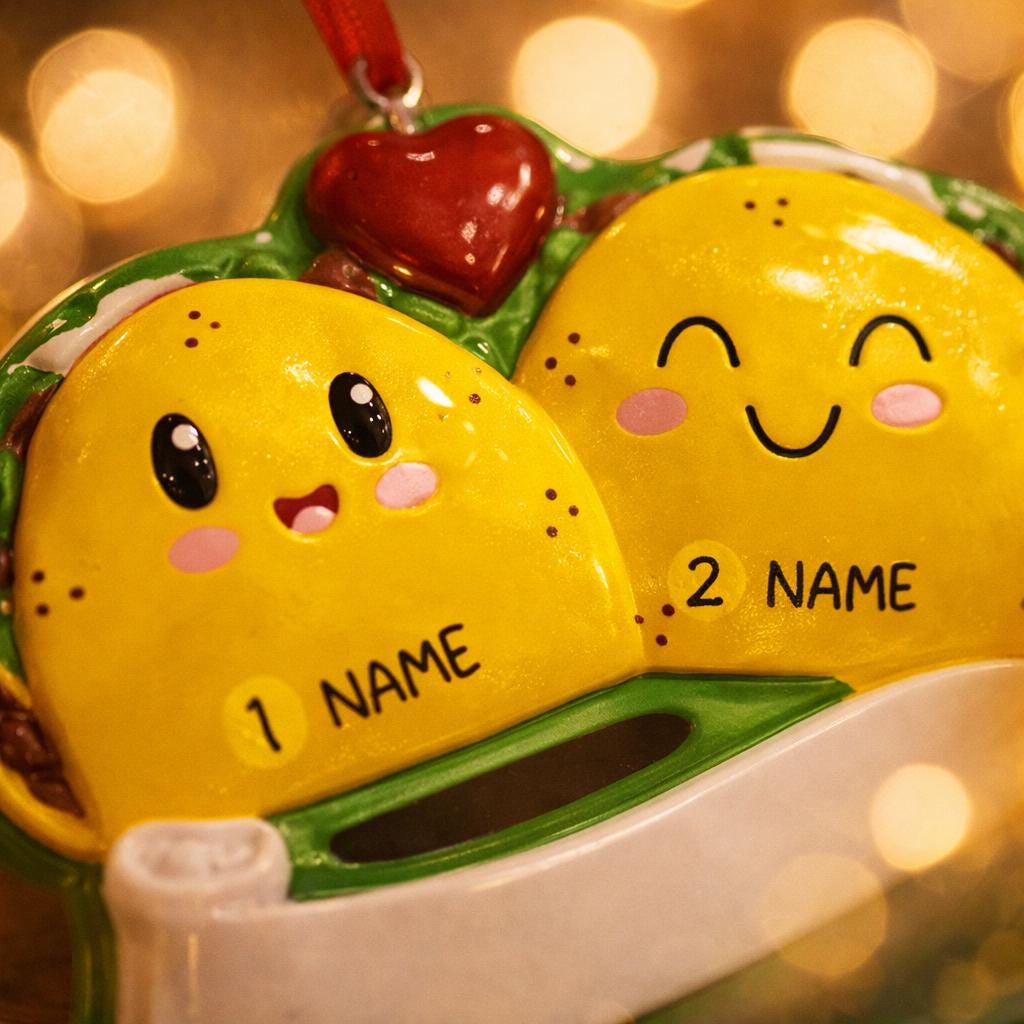 Personalized taco couple ornament featuring a playful and colorful design celebrating love and togetherness. This cute Christmas ornament can be customized with two names and a family name or year, making it perfect for couples, partners, newlyweds, engagements, anniversaries, Valentine’s Day, or fun holiday gifts. A joyful keepsake that represents shared laughter, connection, and memorable moments together.
