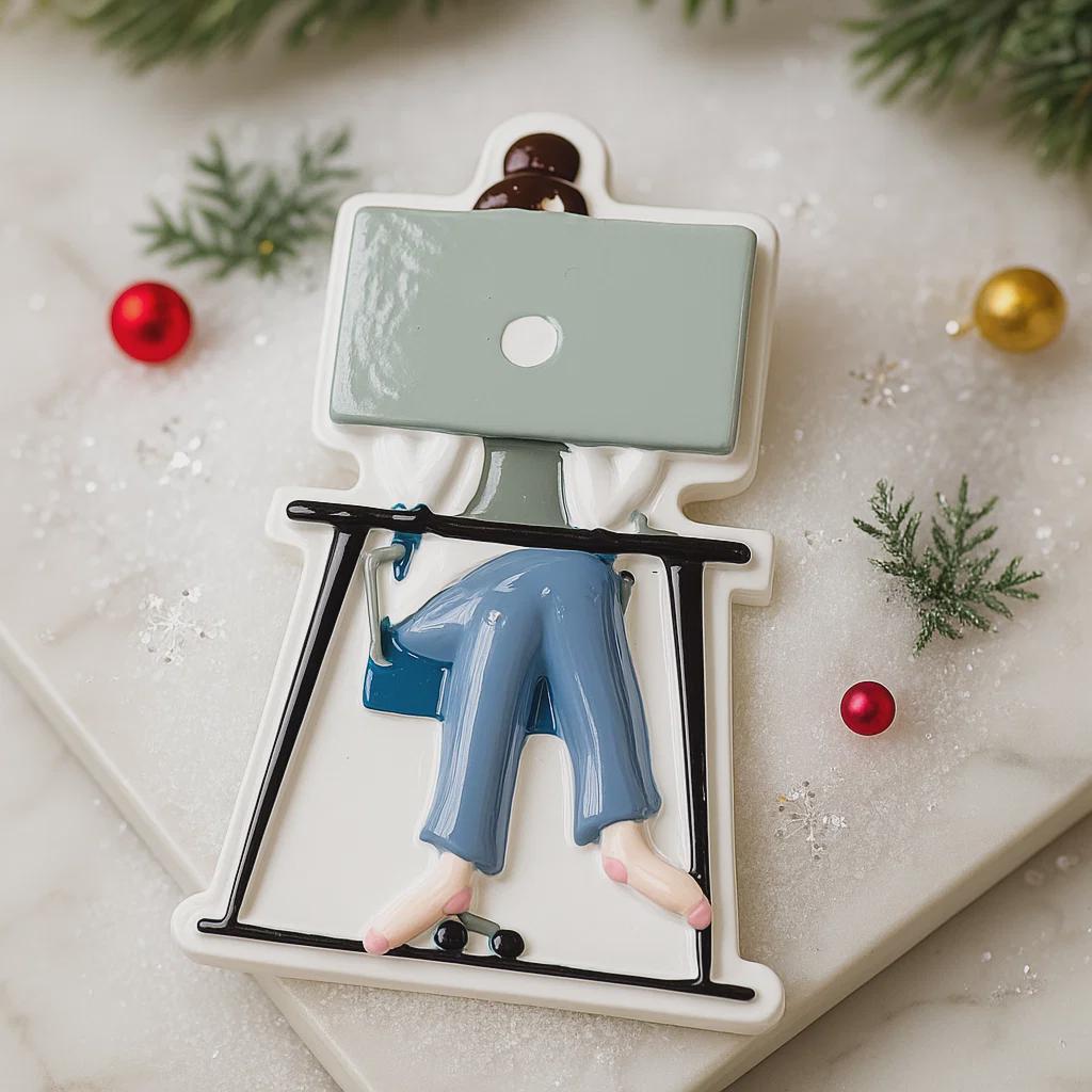 Decorative cookie with a person using a laptop on a stand, surrounded by Christmas decorations.