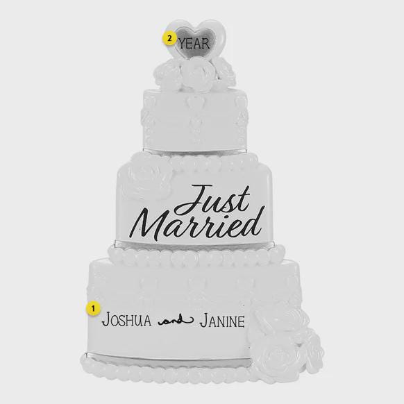 Personalized just married wedding cake ornament featuring a classic white tiered cake design with custom names and year. A timeless keepsake for newlyweds celebrating their first Christmas married wedding anniversary or Valentine’s Day.
