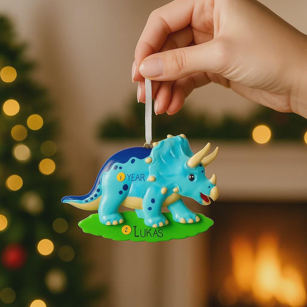 Blue Triceratops Personalized  Ornament | Custom Dinosaur Christmas Gift for Kids | Prehistoric Holiday Decoration