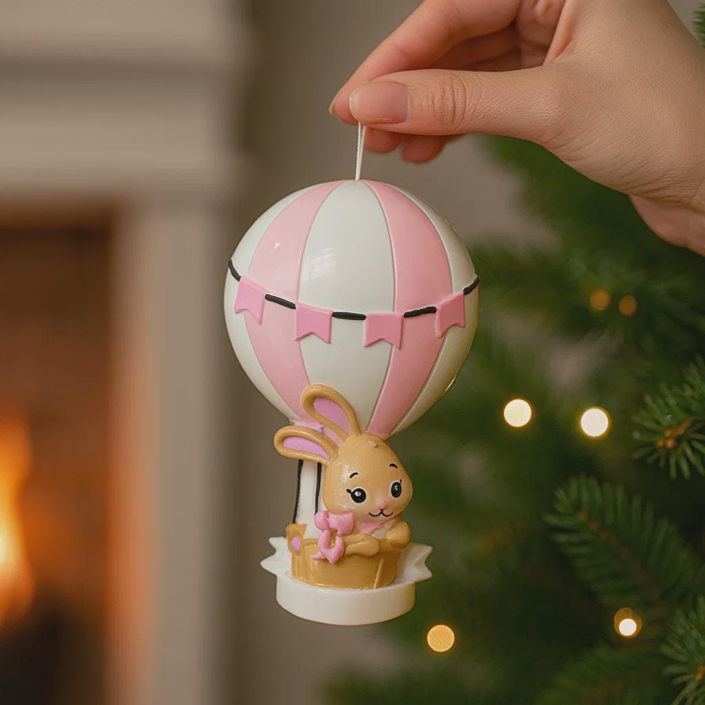 A personalized baby girl ornament featuring a cute bunny riding a pastel pink hot air balloon. Soft pink and white tones with delicate bow details create a sweet and cozy look. Handwritten personalization includes baby name and year. Mostly 2D ornament with raised 3D details on the front only, lightweight and easy to hang, perfect for baby first Christmas, nursery decor, and toddler keepsakes.