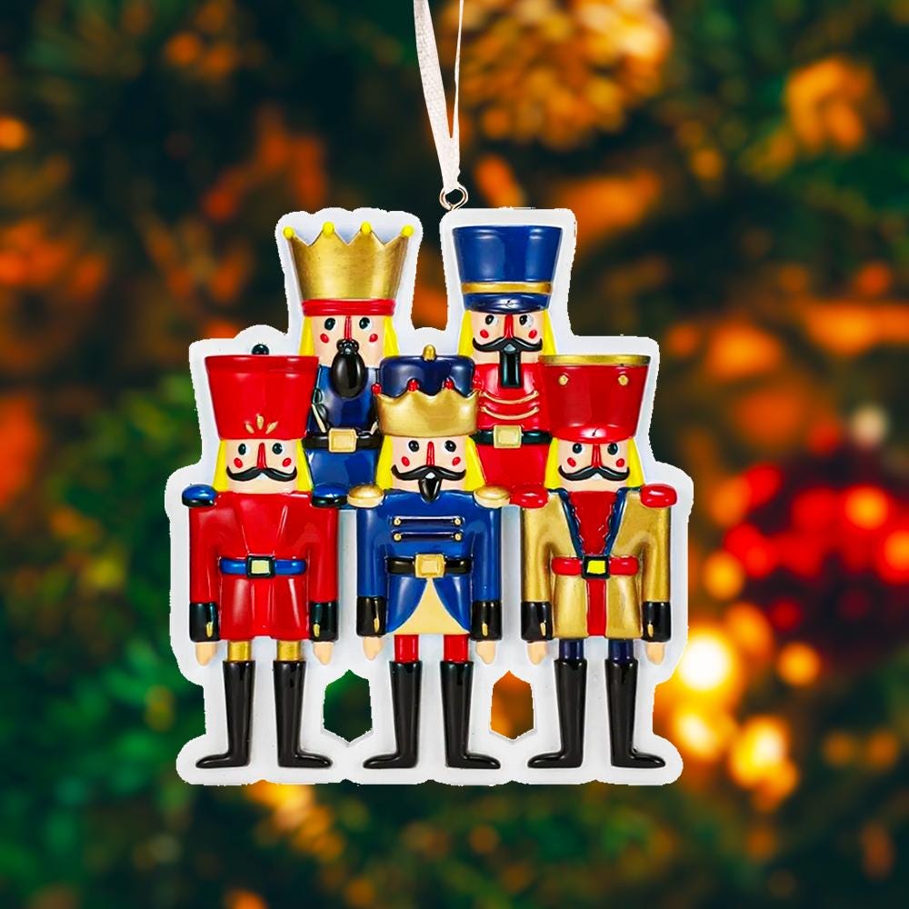 Colorful nutcracker Christmas ornament against a blurred festive background