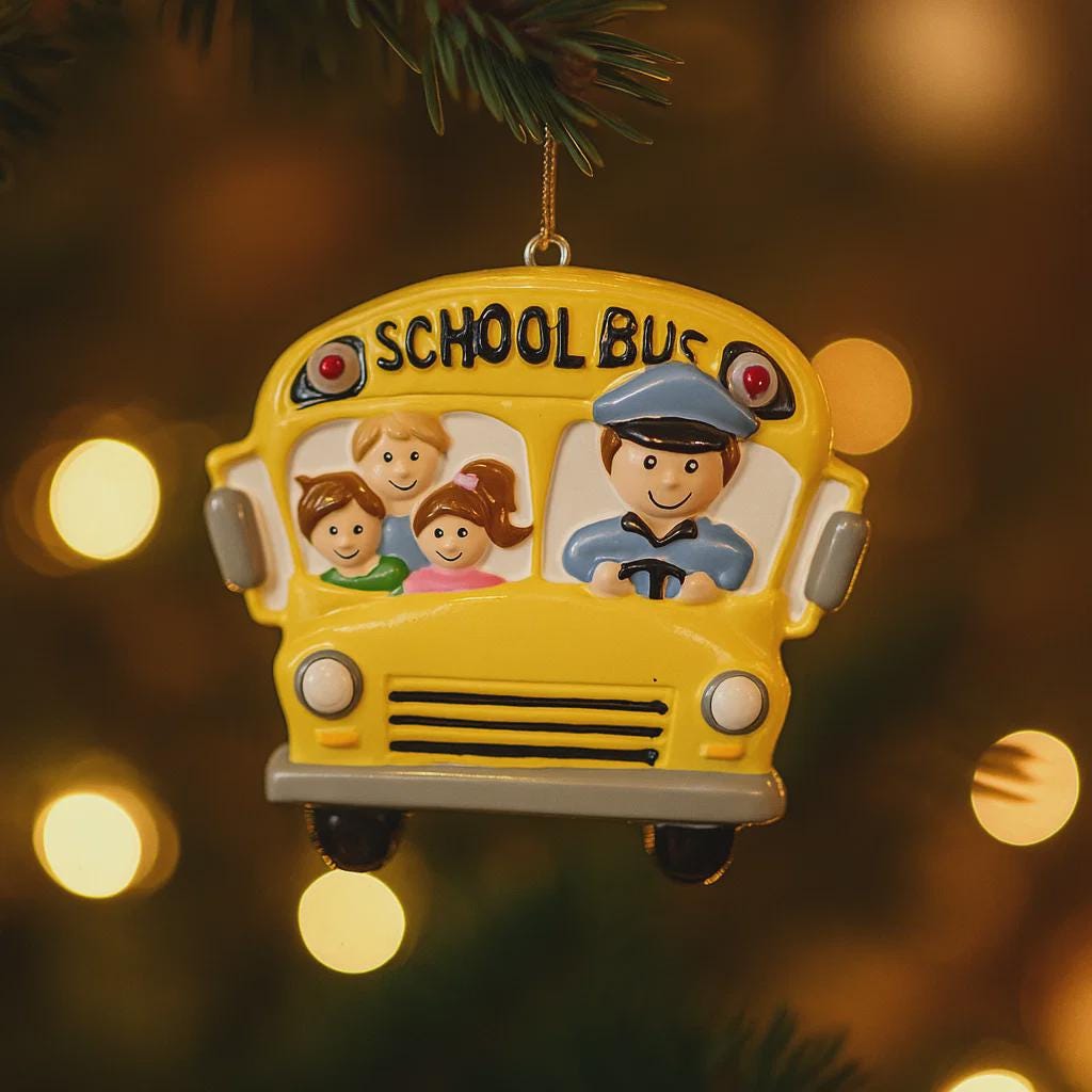 Yellow school bus ornament with children and driver on a blurred Christmas tree background