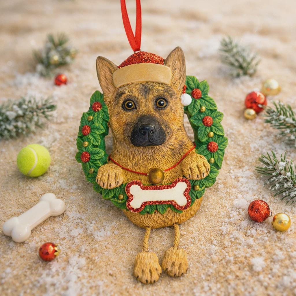 Dog-shaped Christmas ornament with a wreath on a sandy background with toys and decorations.