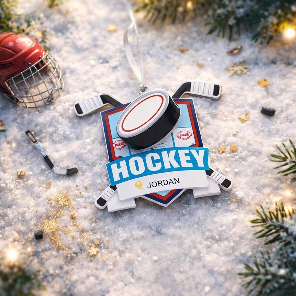 Personalized hockey Christmas ornament featuring a hockey puck and crossed hockey sticks design, customizable name area on the front banner and customizable year area on the puck, glossy finish with raised 3D front details and flat 2D back, white hanging ribbon, displayed on a snowy ice rink themed holiday background with hockey accessories and festive winter decorations.