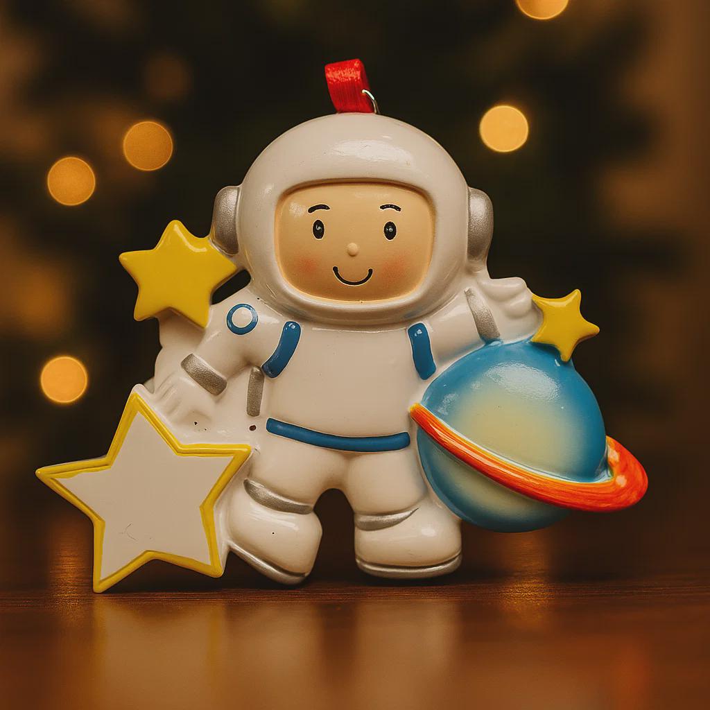 Personalized astronaut Christmas ornament featuring a detailed 3D front design with a smiling space explorer holding a colorful planet and bright yellow stars. The child’s name is added on the suit and the year is written on the star for a custom touch. This space themed ornament is perfect for kids who love rockets, planets, and outer space dreams. A fun and meaningful holiday keepsake for future astronauts and little space lovers.