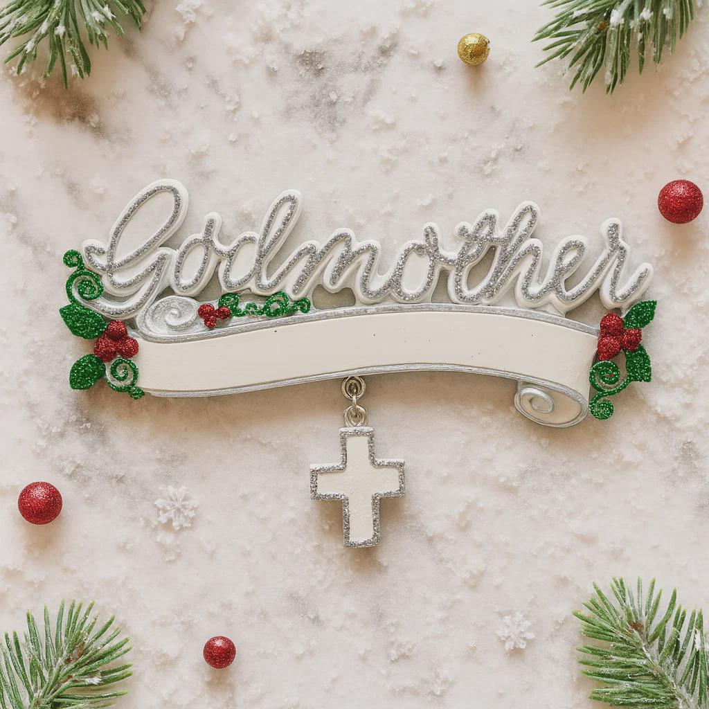 Decorative ornament with 'Godmother' text and cross charm on a snowy background.