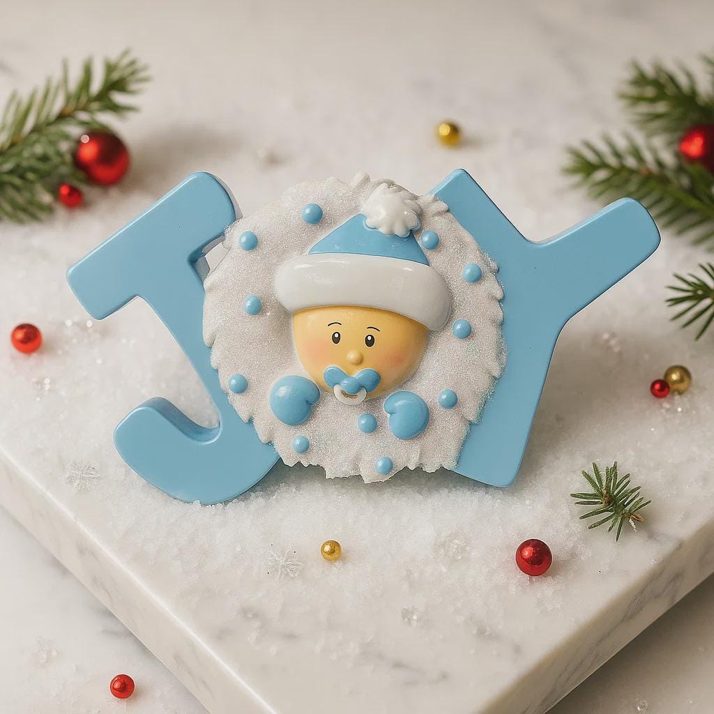 Decorative ornament with a baby face design on a 'JOY' letter, surrounded by Christmas decorations.