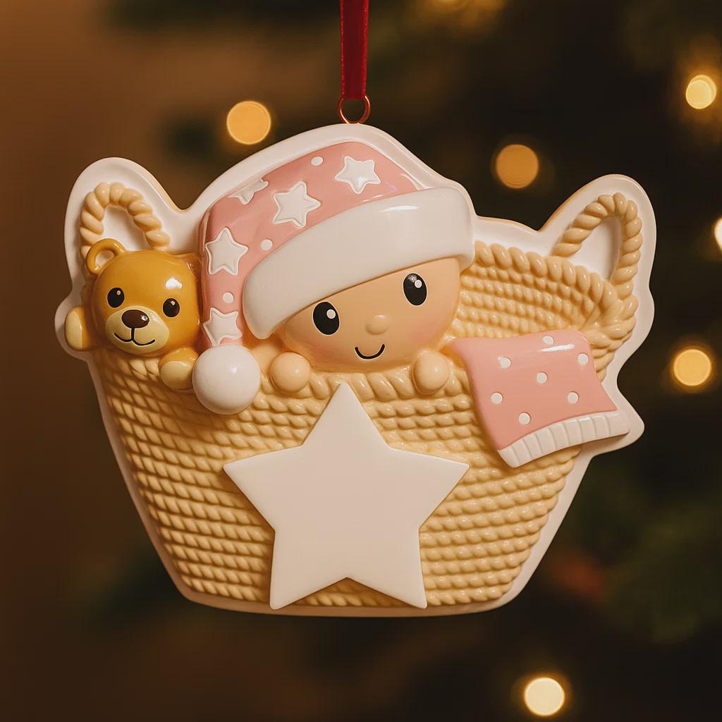 Personalized Baby Girl First Christmas Ornament featuring a detailed 3D front design with a sweet baby resting inside a woven basket, pink nightcap, teddy bear, and hanging star for the year. The baby’s name is added on the hat and the year on the star, creating a meaningful keepsake. Soft pink tones, cozy textures, and dimensional elements make it perfect for newborn girl gifts, baby shower presents, and treasured first Christmas tree memories.