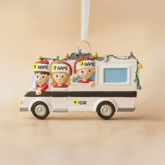 Decorative ornament of a van with three children inside on a beige background