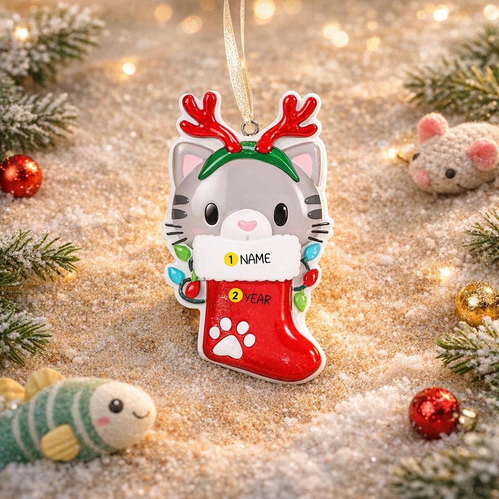 Decorative Christmas ornament shaped like a cat in a stocking with reindeer antlers on a festive background.