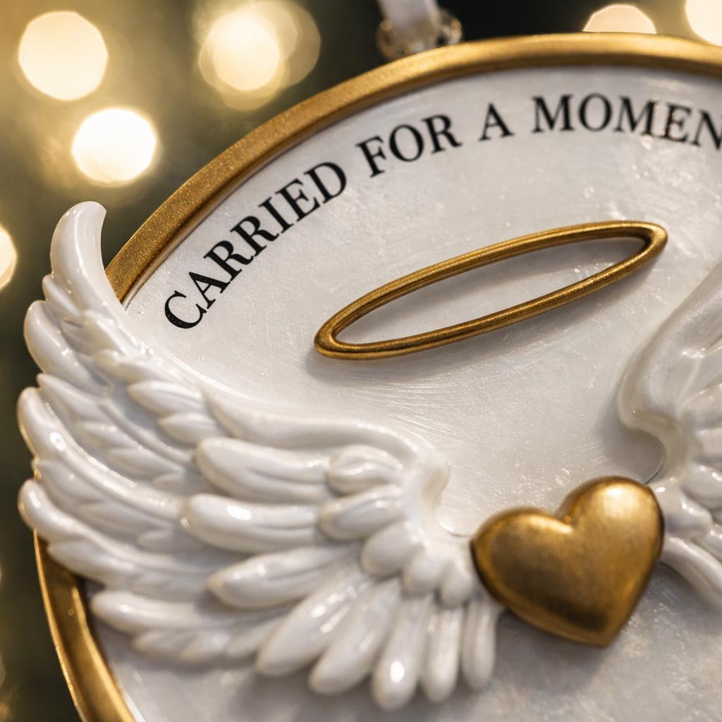 Decorative angel wing ornament with 'Carried for a Moment' text and gold heart on a blurred light background.