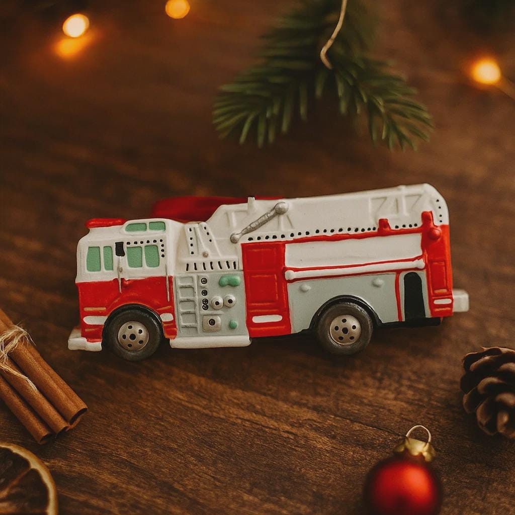Toy fire truck ornament on a wooden surface with Christmas decorations
