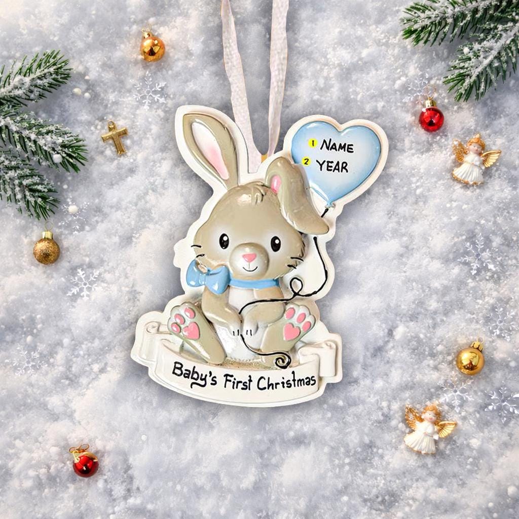 Baby Bunny Boy First Christmas Ornament | Personalized Animal Keepsake | Raised 3D Details