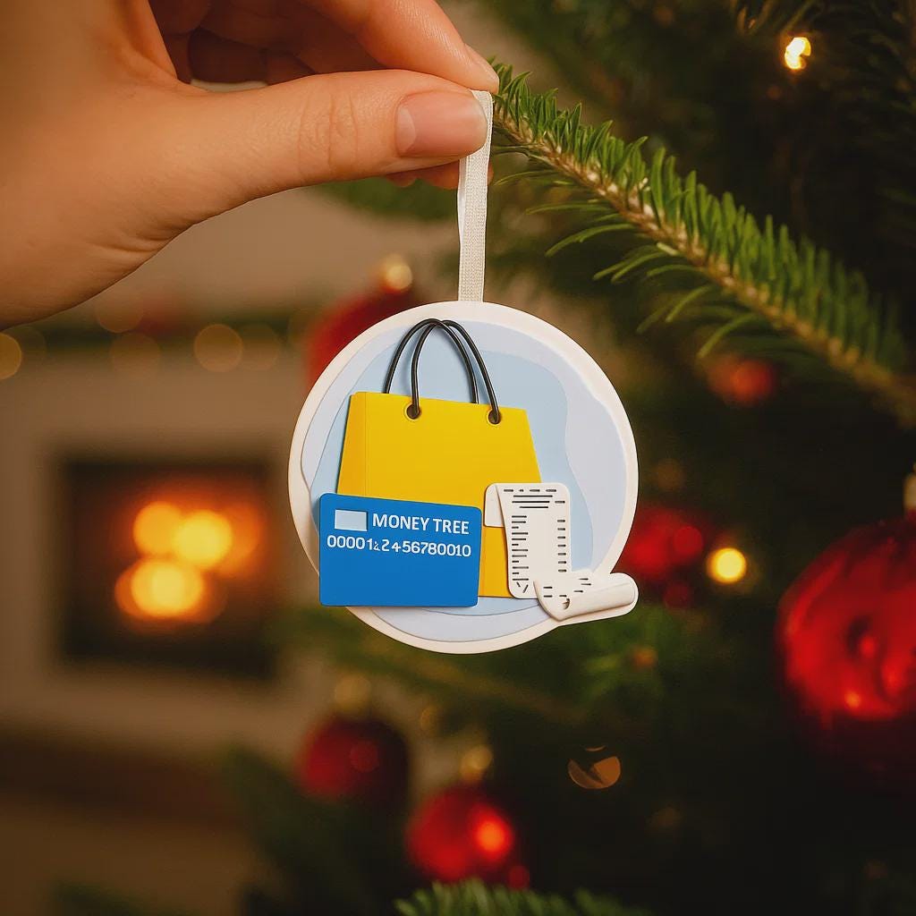 A modern money themed ornament featuring a shopping bag, a credit card detail, and a receipt element, designed to represent budgeting, spending habits, and financial milestones in a fun and playful way. The ornament showcases a raised 3D front with clean sculpted details and a glossy finish, combined with a flat 2D back for smooth and balanced hanging. Made from durable resin and presented as a clean cutout style visual, this ornament is a perfect gift choice for finance lovers, shoppers, accountants, entre