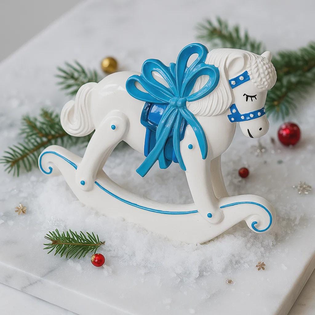 White rocking horse ornament with a blue bow on a snowy background with Christmas decorations.