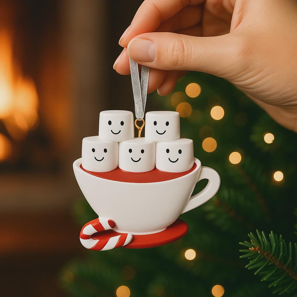 Decorative ornament of a teacup with smiling marshmallows and a candy cane against a festive background.