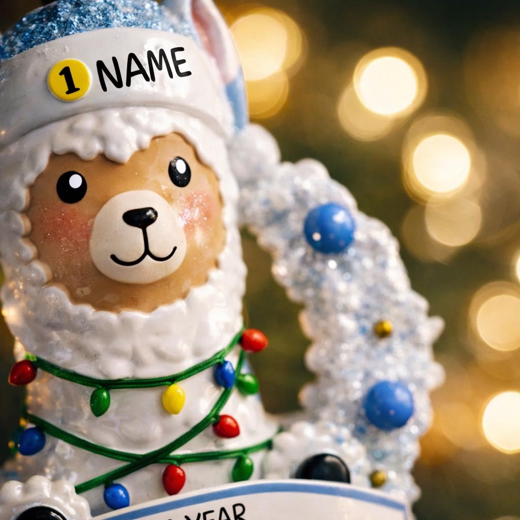 Personalized baby boy llama ornament featuring a cute smiling llama wearing a winter hat and surrounded by a festive wreath with colorful holiday lights. Soft blue and white tones create a cozy winter look. Handwritten personalization includes baby name and Baby’s First Christmas with year. Mostly 2D ornament with raised 3D details on the front only, lightweight and perfect for Christmas trees, nursery decor, and baby keepsakes.