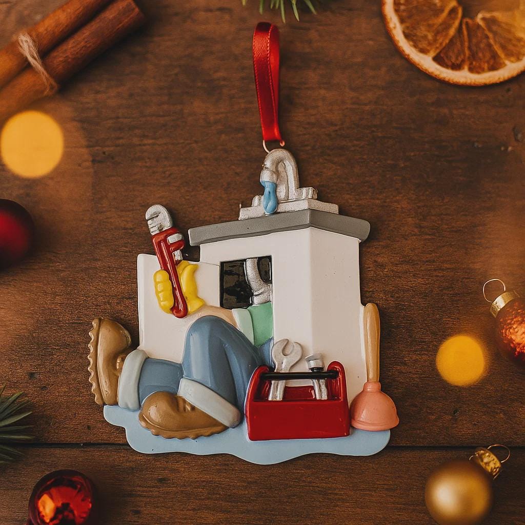 Decorative ornament of a plumber on a wooden surface with Christmas decorations.