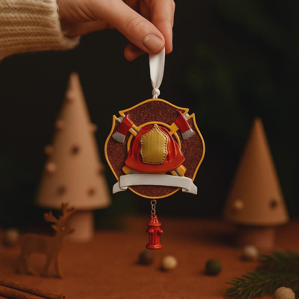 Decorative ornament with a red and gold design held by a hand against a festive background.