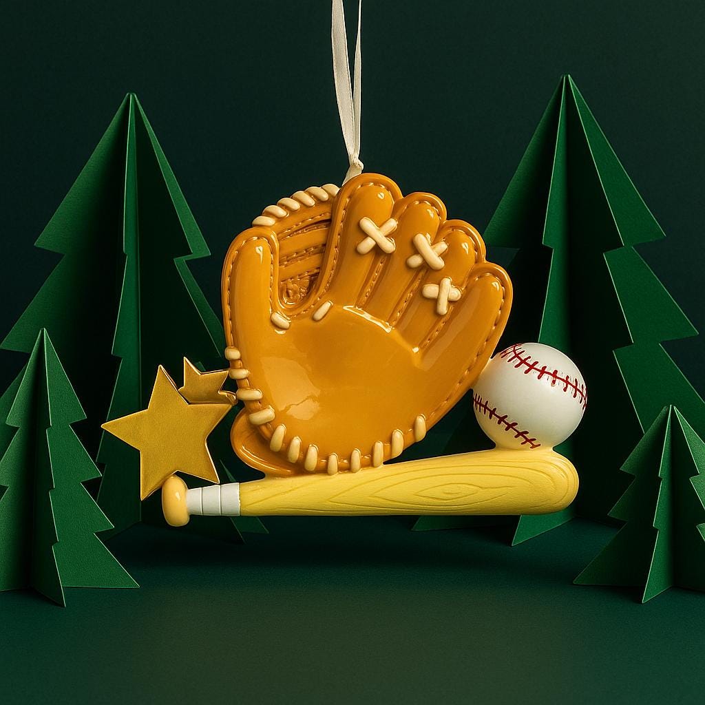 Personalized baseball glove Christmas ornament featuring a tan baseball glove with stitched details, customizable name area on the glove, customizable year star, and customizable text on the baseball bat, glossy finish with raised 3D front details and flat 2D back, white satin hanging ribbon, displayed on a snowy baseball field themed holiday background with baseballs and pine branches.
