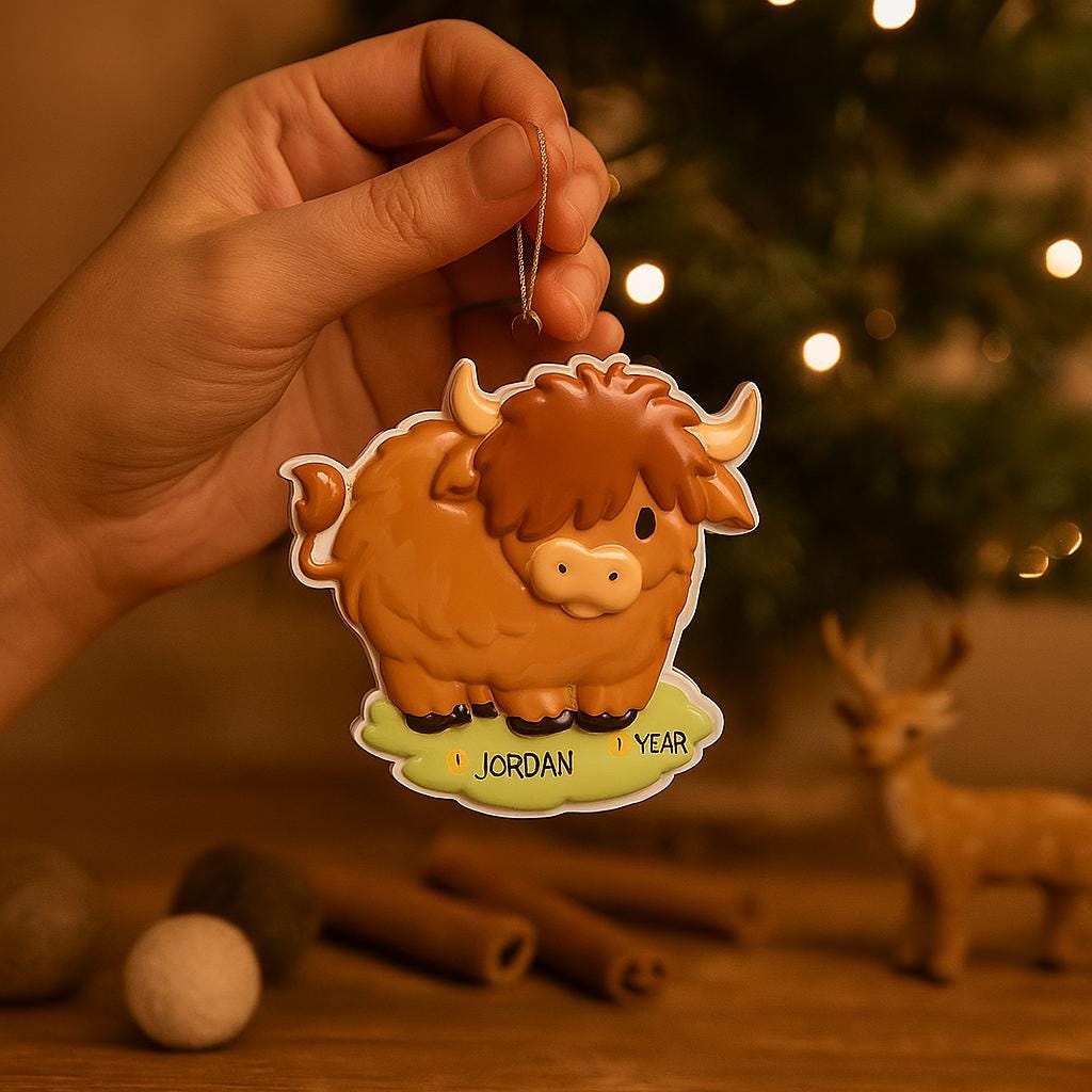 Adorable Highland cow themed Christmas ornament featuring a fluffy brown cow design with soft rounded details and a warm countryside feel. Styled in a natural green meadow setting, this ornament is designed to be personalized and brings a cozy farm inspired charm to holiday tree decor.
