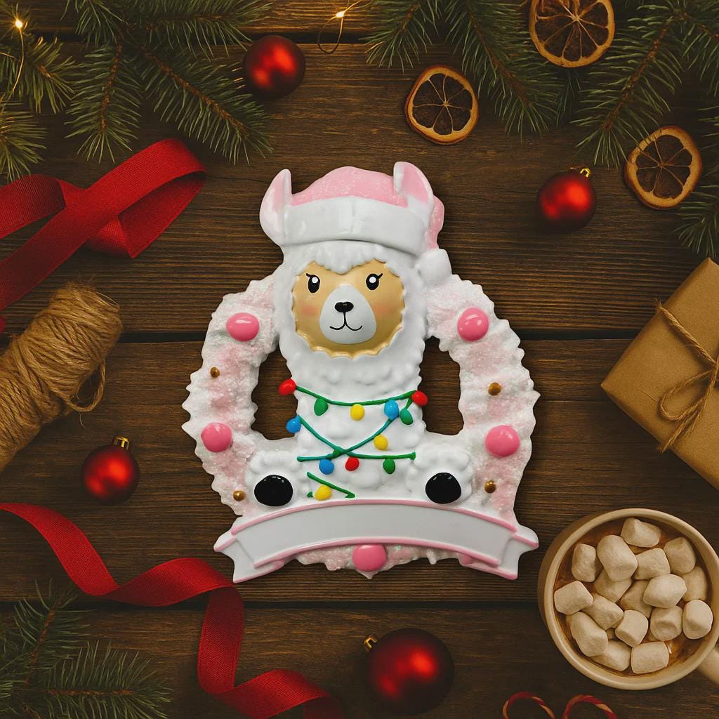 Personalized pink llama Christmas ornament featuring a cute white llama wrapped in colorful holiday lights, framed in a glittery wreath with pink accents. The top hat band can be customized with a name, while the bottom banner allows space for year or Baby’s 1st Christmas. Designed in soft pink and festive tones, this resin baby girl Christmas ornament makes a meaningful keepsake gift for celebrating a newborn’s first holiday season.
