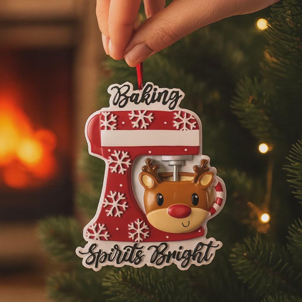 Personalized baking ornament featuring a festive red stand mixer design with snowflake details and a cute reindeer bowl accent. Finished with a smooth glossy surface and holiday inspired colors. Includes free handwritten personalization with one name and year displayed on the mixer. Designed with a raised 3D front and flat back for easy hanging. Styled in a cozy Christmas setting with snow greenery and ornaments, perfect for bakers home cooks and holiday keepsakes.