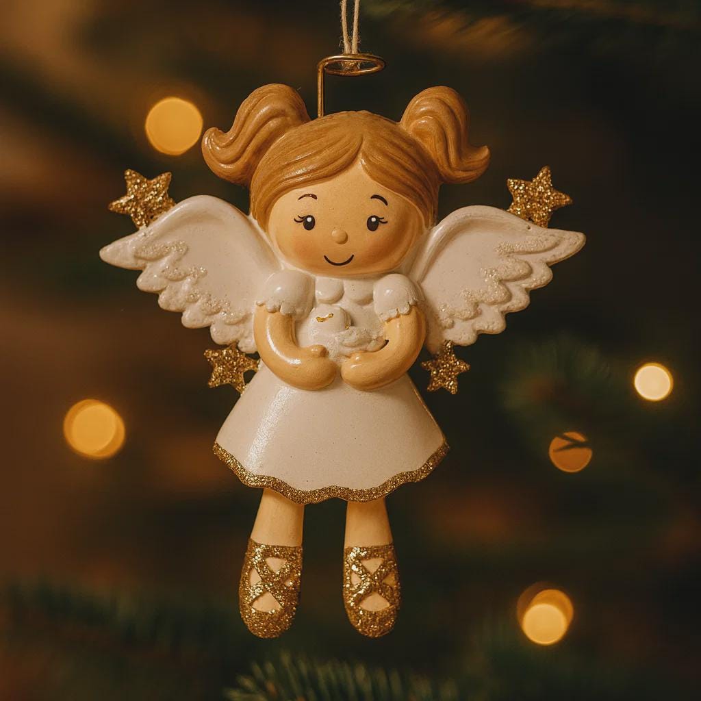 Decorative angel ornament with wings and a halo, set against a blurred Christmas tree background.