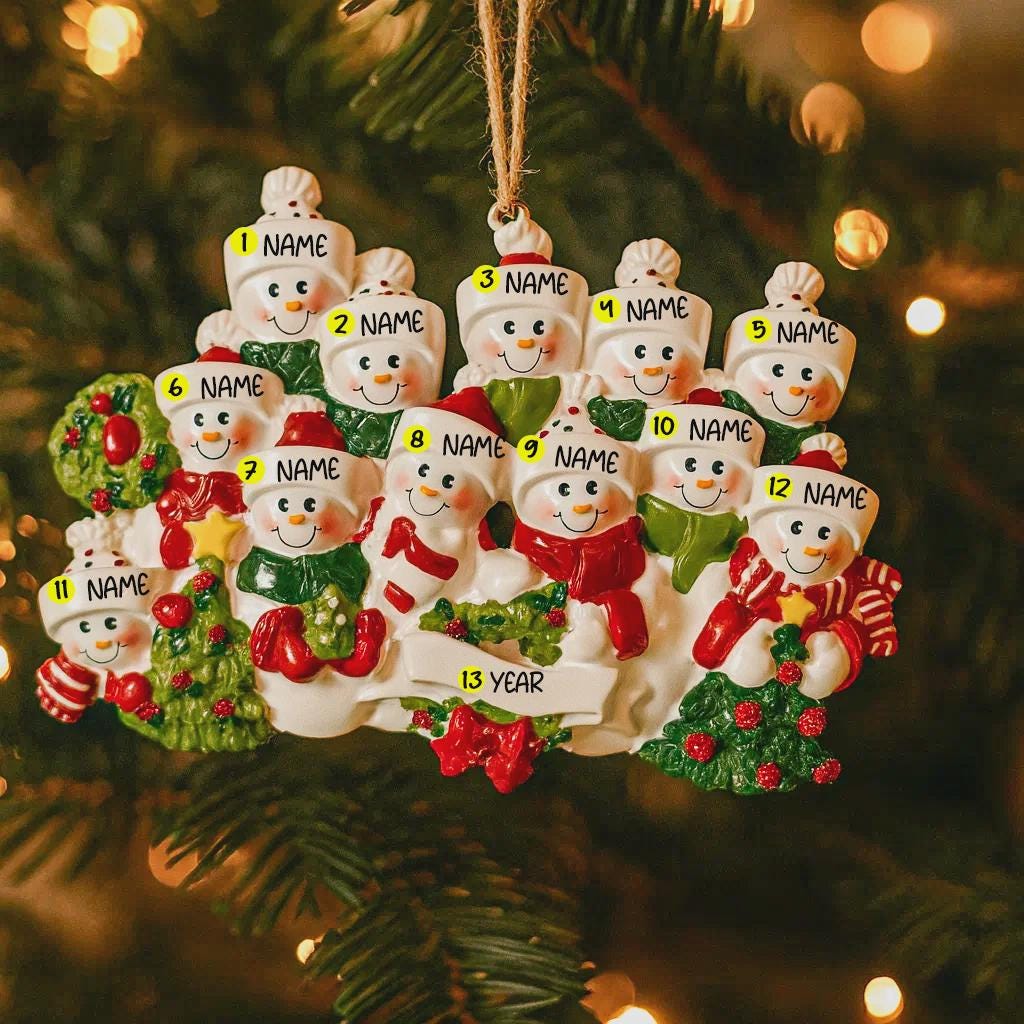 Snowman Family of 12 Christmas Ornament | Personalized Names and Year | Winter Tree Decor Keepsake