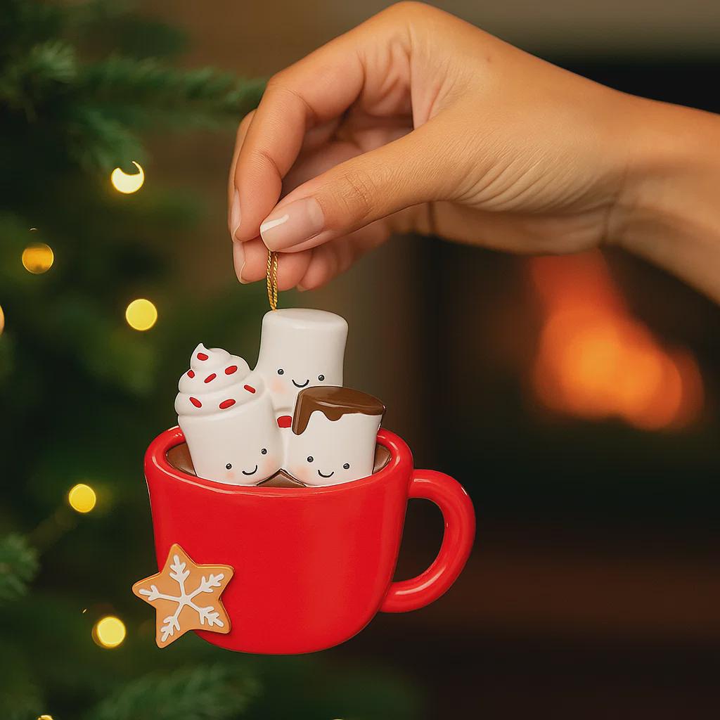 Decorative ornament of a red mug with marshmallows and a cookie, held by a hand against a festive background.
