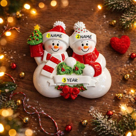 Personalized snowman couple ornament with customizable names on a festive background.