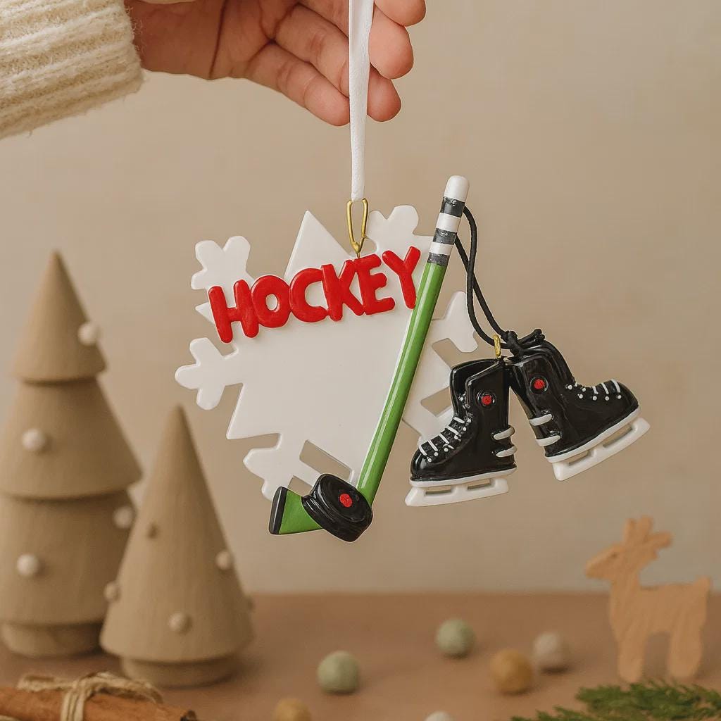 Hockey-themed ornament with skates, stick, and 'HOCKEY' text against a neutral background.